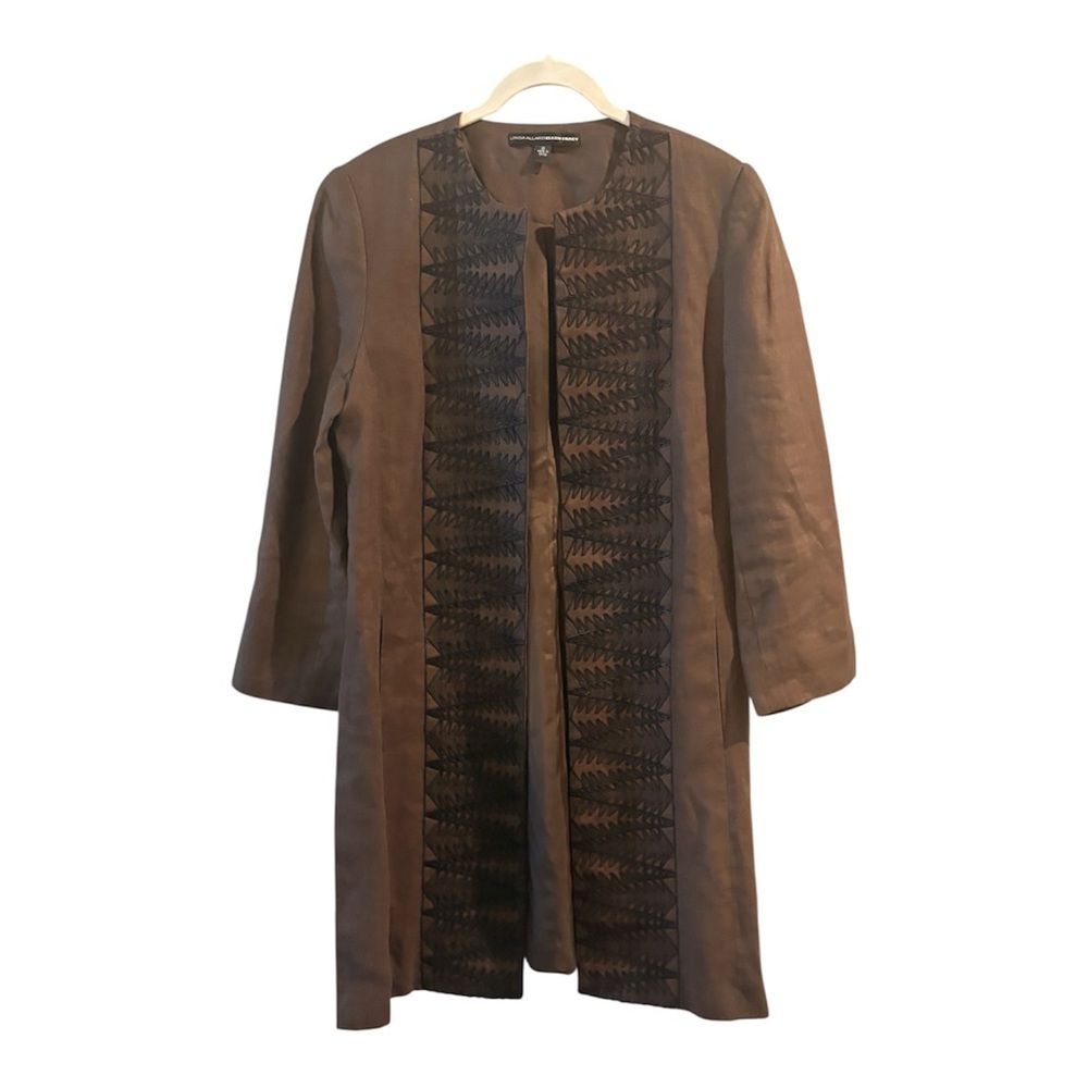 Linda Allard Ellen Tracy Embroidered Long Open Front Jacket w/ Pockets Size 10 - Picture 2 of 16